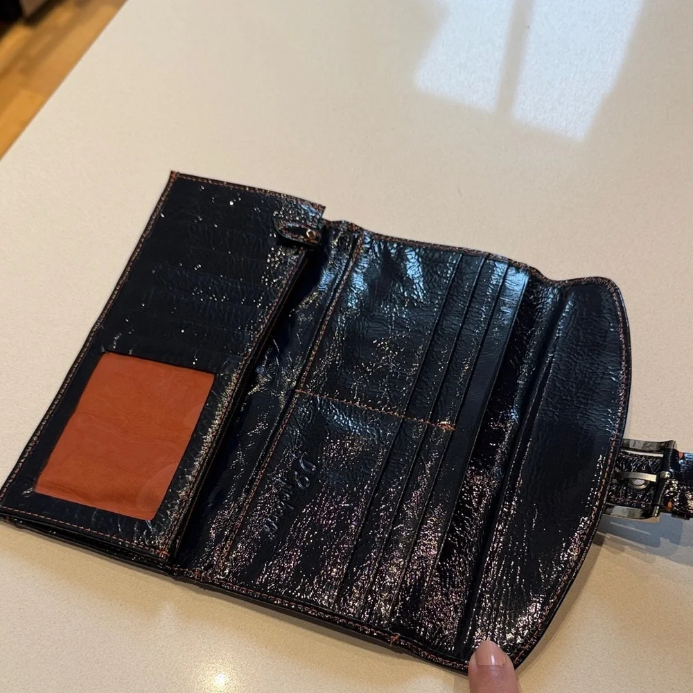 L. Erickson Trifold Envelope Style Patent Leather Black Clutch with Buckle